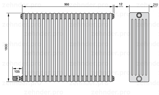 Схема (чертеж) Радиатор Zehnder Charleston 6180/21 №V004 Белый глянцевый RAL 9016
